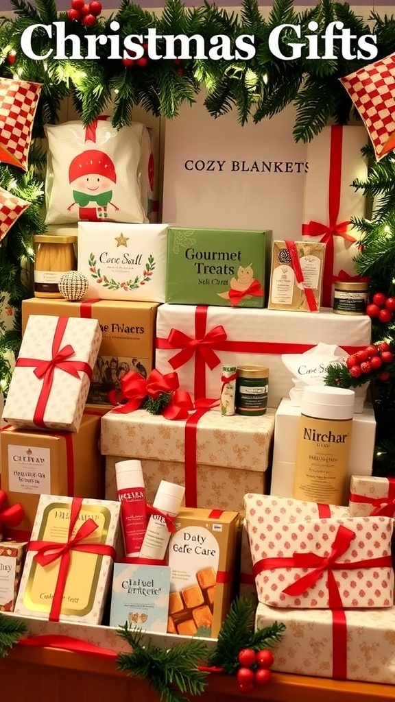A collection of Christmas gifts themed around cozy nights, gourmet treats, and self-care, beautifully wrapped and decorated.